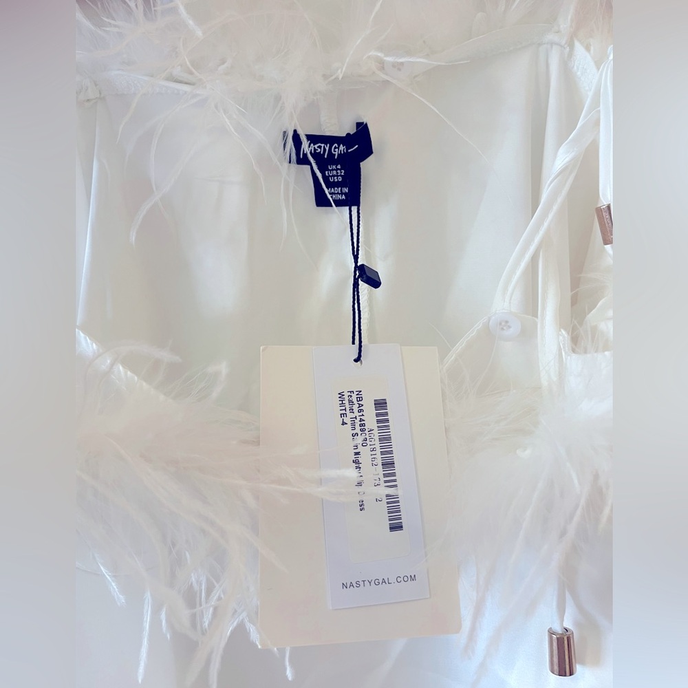 NWT! Nasty Gal Feather Trim Satin Nighty Slip Dress in White - Picture 10 of 11